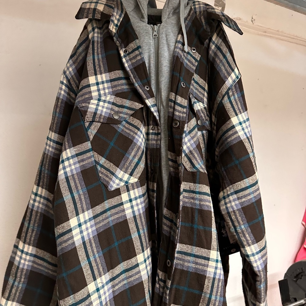 Men's Brown and Blue Plaid Jacket with Hoodie